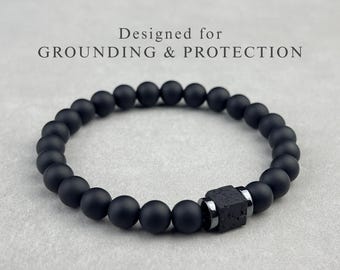 Armband van matzwarte onyx met accent van lavasteen • Minimalistische herensieraden • Armband van natuurstenen