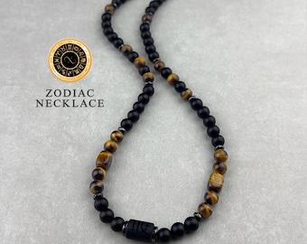 Tijgeroogketting • Zwarte onyxsteen • Dierenriemketting • Cadeau voor hem • Beschermingssieraden • Minimalistische stijl • Gepersonaliseerd cadeau