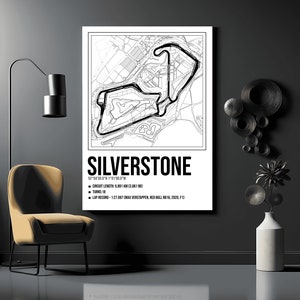 Silverstone Circuit-kaartlay-outprint met namen van hoeken - moderne, strakke muurkunst