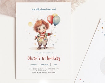 Editable 1st Birthday invitation for Boys Baby Clown Editable Party invites Circus Theme Card Template Editable Invitation Canva