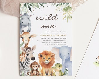 Wild One Editable Birthday invitation,Cute Safari animals,Jungle animals invites, safari  thank you tag, 1st Birthday Invitation