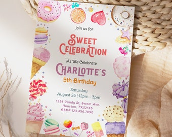 Girls Birthday Invitation Party Candy Editable Birthday Invitation Candy Party invites, Thank you tag, Editable  Template Sweet celebration