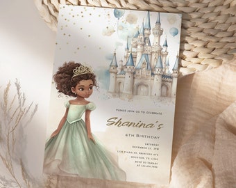 Girls Birthday Invitation Party Tiana Princess Editable Party Invitation Castle Editable party Invite Personalized Card Template
