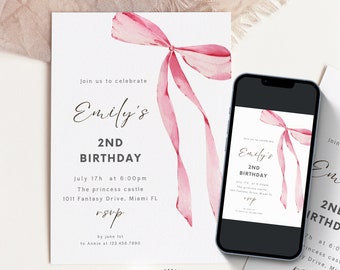 Editable Birthday Invitation Template for Gils , Canva Birthday invitation Template, Pink Bow Party Invite, Bow Birthday party