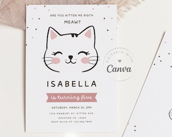 Kitty Cat Birthday Invitation, EDITABLE with Canva Purrfect Party Invite Template, Are You Kitten Me Right Meow, Instant Download