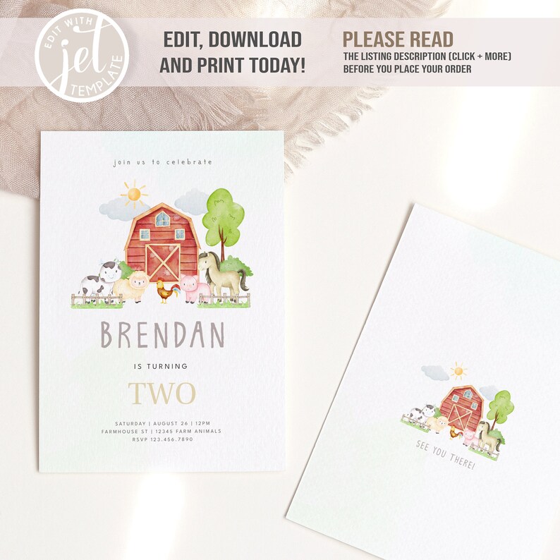 Farm Birthday Party Invitation Template Farm Animals Birthday Etsy