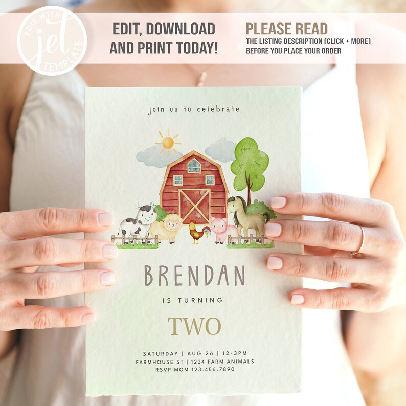 Farm Birthday Party Invitation Template Farm Animals Birthday Etsy