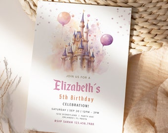 Castle Birthday Invitation,Girls invitation,Birthday Trip invites, Editable Card Template, Watercolor Princess invites,Instant Download