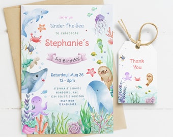Editable Under The Sea Birthday Invitation, Editable Ocean Animals Party Invite Template, Under The Sea thank you tag,girls birthday Card