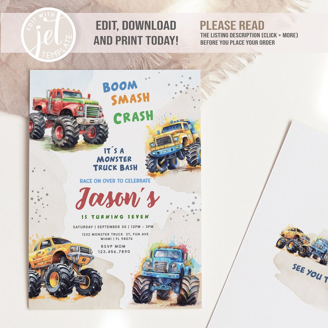 Monster Truck Birthday Invitation Template Monster Truck - Etsy