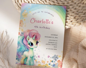 Pony Birthday Invitation Party Digital Download Cute Unicorn Invitation Editable Template Girls Birthday Invitation Rainbow invite Download