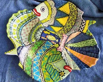 Fish and Sea Shell Ceramic Platter with 4 divided sections Hand Painted  Made in USA