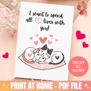 おもしろい猫の記念日カード、あなたと9つの人生を過ごす、かわいい猫の印刷可能なカード、猫好きのカード、おかしくてかわいいカード、猫とハートのカード