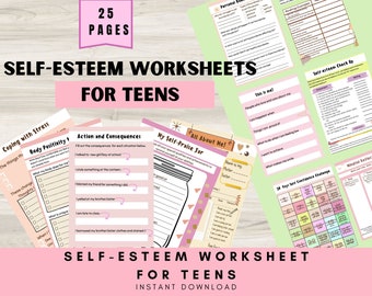 Self-esteem Worksheets for Teens,Mental Health,Teen,Therapy worksheets,coping skills,Counseling,SEL,Teens