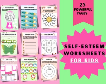 May include: A set of 25 printable self-esteem worksheets for kids. The worksheets feature colorful illustrations and activities designed to help children build confidence and self-love.  The worksheets include activities like coloring, writing, and drawing.