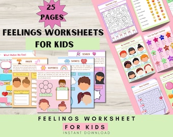 Puede incluir: Un conjunto de 25 hojas de trabajo imprimibles para niños para aprender sobre los sentimientos. Las hojas de trabajo presentan ilustraciones coloridas y actividades como hacer coincidir las emociones, dibujar caras y completar laberintos. El título del conjunto es "Hojas de trabajo sobre los sentimientos para niños".
