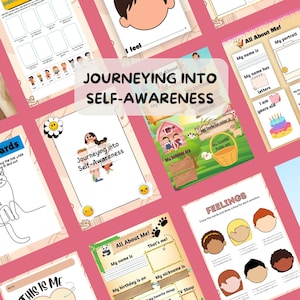 Könnte beinhalten: Ein Satz druckbarer Arbeitsblätter für Kinder, um mehr über sich selbst zu lernen. Die Arbeitsblätter zeigen bunte Illustrationen und Aufforderungen, die die Kinder ausfüllen können, um Informationen über ihren Namen, ihren Geburtstag, ihre Hobbys, ihre Lieblingsfarben und ihre Gefühle zu erhalten. Die Arbeitsblätter tragen den Titel "Reise in die Selbstwahrnehmung".