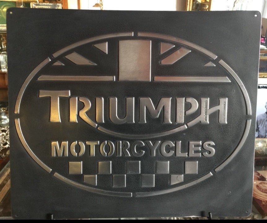 Triumph Vintage Wall Sign – Handmade Cast Aluminum Relief on Solid Iron Plate