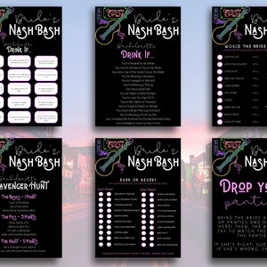 Puede incluir: Un conjunto de diez tarjetas de juego imprimibles para una fiesta de despedida de soltera con un esquema de color rosa neón y negro. Las tarjetas presentan una guitarra con un flamenco en el cuello y el texto "Bride's Nash Bash". Los juegos incluyen "Drink If", "Would the Bride Rather", "Scavenger Hunt", "Ever or Never", y "Drop Your Panties!"