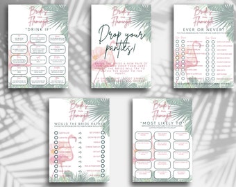 May include: A set of five printable bridal shower game cards featuring pink flamingos and green tropical leaves. The cards include games like "Drink If", "Drop Your Panties", "Ever or Never", "Would the Bride Rather", and "Most Likely To".