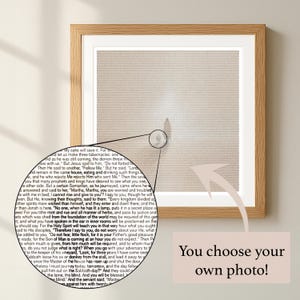 May include: Framed print with a minimalist design. The artwork features a solitary figure walking on a light-colored surface, with text from a religious passage visible. The frame is a warm, natural wood tone. The text at the bottom says "You choose your own photo!"