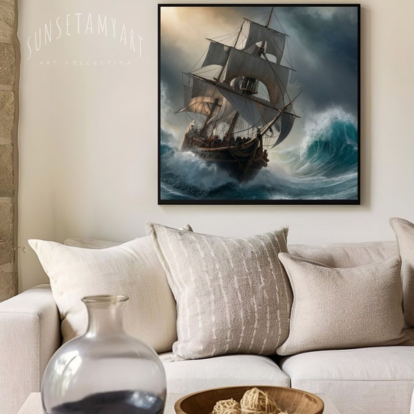 Antique Ship in Ocean Storm / Vintage Ship on the High Seas Digital Print / Digital Download for Nautical Decor