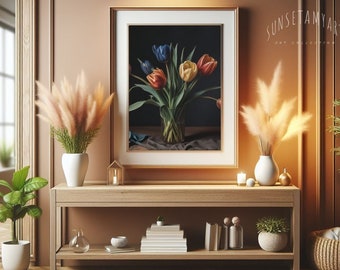 Stampa artistica digitale tulipani / Decorazione da parete vintage / Arte stampabile fiore