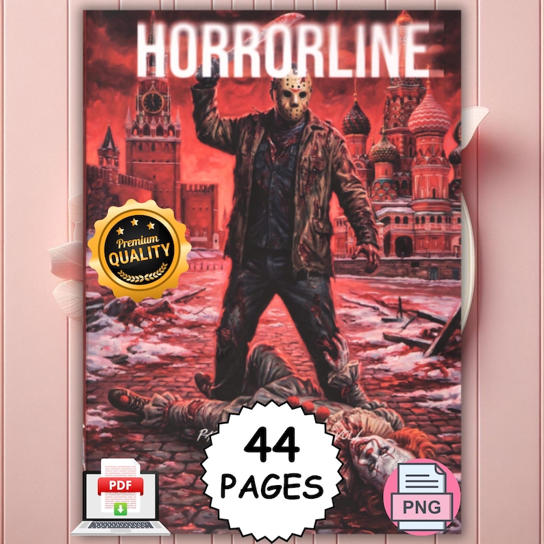 Puede incluir: Un libro de colorear digital titulado HORRORLINE con 44 p&aacute;ginas en formatos PDF y PNG. La portada muestra a una figura con m&aacute;scara de hockey sosteniendo una hoja sobre un payaso en una calle adoquinada con un fondo arquitect&oacute;nico ruso rojo.