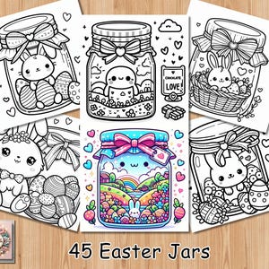 May include: A set of six black and white coloring pages featuring Easter-themed jars with bunnies, eggs, and flowers. The text "45 Easter Jars" is at the bottom of the image.