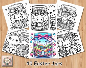 Bold and Easy Coloring Book, Cute Easter Jar Coloring Pages, Floral Easter Forest Jars Coloring, Relaxing Activity for Adults Print Pdf