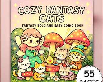 Cozy Fantasy Cats Bold and Easy Coloring Book for Adults - Cute Magical Cat Scenes, Coco Wyo Style, PDF Printable + Procreate PNG Pages