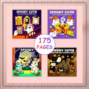 Puede incluir: Cuatro libros para colorear con temática de Halloween, titulados "Spooky Cutie" y "Spooky Friends". Las portadas presentan ilustraciones de fantasmas, calabazas y otros personajes espeluznantes. El texto "175 Páginas" es visible.