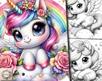 25 Modern Kawaii Cute Unicorn Coloring Pages Baby Unicorn Coloring Book, Adorable Unicorns Coloring Grayscale Fantasy Adults Kids Print Pdf