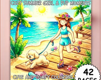 Cozy Girl Summer & Pup Moments Coloring Book Bold and Easy | Cute Girl Dog Coloring Pages Summer Cozy Coloring Book Coco Wyo Style | PDF PNG