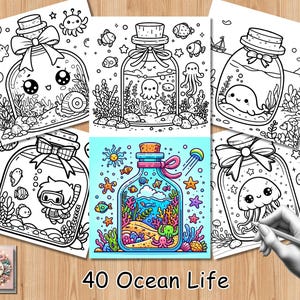 May include: A collection of coloring pages featuring ocean life scenes inside glass jars. The illustrations include various sea creatures like jellyfish, octopuses, and fish, with a vibrant, colored example in the center. The text "40 Ocean Life" is at the bottom.