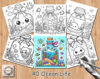 Ocean Life Coloring Book PDF PNG | 40 Pages Bold and Easy Kawaii for Adults | Cute Sea Animals | Coco Wyo Coloring | Digital Download