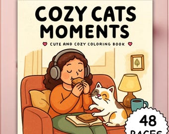 May include: A colouring book titled "Cozy Cats Moments" with the subtitle "Cute and Cozy Colouring Book." The cover illustration features a person wearing headphones, eating a sandwich, and a cat. The book has 48 pages.