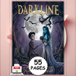 Puede incluir: Una portada de libro para colorear titulada DARKLINE con una ilustración de dibujos animados de un hombre con traje arrodillado ante una novia de piel azul con vestido blanco en un cementerio bajo la luna llena, con insignia 55 PAGES e icono PDF.