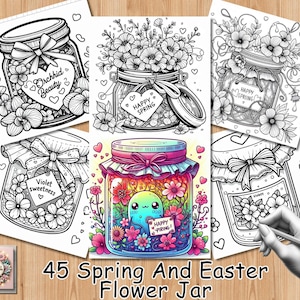 以下が含まれることがあります： 春とイースターの花瓶をモチーフにした、印刷可能な塗り絵45枚セット。各ページは、花、ハート、そして「Happy Spring」または「Happy Piring」の文字が書かれた、異なるデザインになっています。