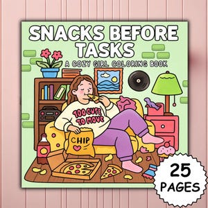 仕事前のおやつ - 居心地の良い塗り絵 PDF + PNG のんびりとした日々、かわいいおやつ、スウェットシャツ風シックな瞬間、フェミニンなデジタルダウンロード、Cocowyo