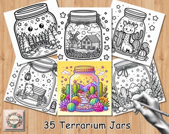 Bold and Easy Coloring Book, Terrarium Jars Coloring Pages, Cute Kawaii Enchanted Forest Coloring, Relaxing Activity for Adults Printable