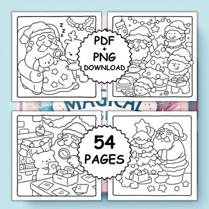 Op de afbeelding: Een verzameling van vier zwart-wit kleurplaten met kerstthema. De afbeeldingen tonen de kerstman, rendieren, elfen en kerstbomen. De tekst op de afbeelding luidt "PDF + PNG DOWNLOAD" en "54 PAGES".