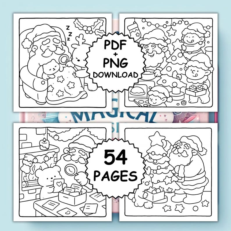 Op de afbeelding: Een verzameling van vier zwart-wit kleurplaten met kerstthema. De afbeeldingen tonen de kerstman, rendieren, elfen en kerstbomen. De tekst op de afbeelding luidt "PDF + PNG DOWNLOAD" en "54 PAGES".