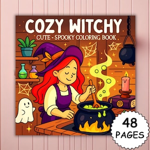 Puede incluir: Un libro para colorear "Cozy Witchy" con una ilustración de una bruja linda. La bruja tiene el pelo rojo y está revolviendo un caldero. El libro tiene 48 páginas y un tema lindo y espeluznante.