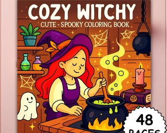 Puede incluir: Un libro para colorear "Cozy Witchy" con una ilustración de una bruja linda. La bruja tiene el pelo rojo y está revolviendo un caldero. El libro tiene 48 páginas y un tema lindo y espeluznante.