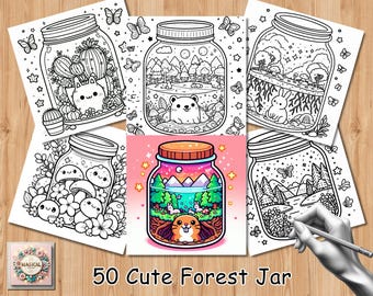 Bold and easy coloring Pages, cute kawaii forest jar coloring Book, enchanted forest scenes Coloring, relaxing activity for adults and kids