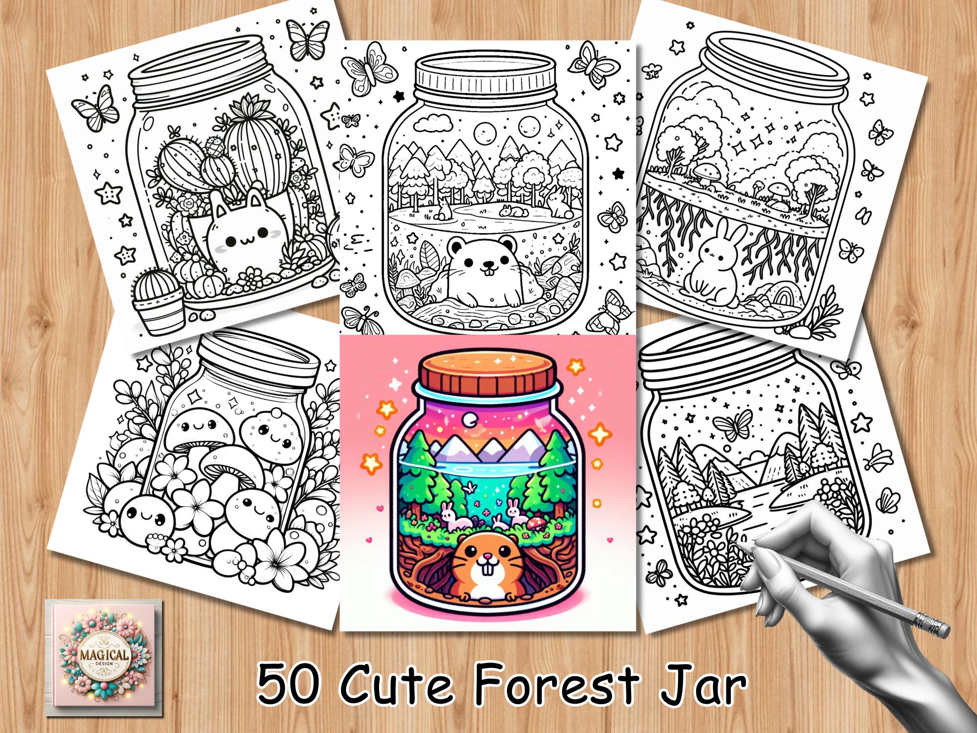 Kawaii de Trazos Gruesos y Fáciles – Láminas de Colorear Bosque en Frasco: Escenas Encantadas para Adultos y Niños (PDF + PNG)
