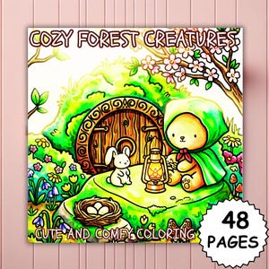 Peut inclure: Un livre de coloriage pour enfants intitulé "Cozy Forest Creatures". La couverture présente un ours avec une cape verte, un lapin blanc, une lanterne et une porte en bois. Le livre contient 48 pages et est entouré de fleurs.