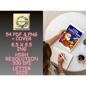 Op de afbeelding: Een digitaal downloadproduct met de tekst "MAGICAL" en "54 PDF & PNG + COVER 8,5 X 8,5 ING HOGE RESOLUTIE 300 DPI LETTER SIZE". De afbeelding toont ook een tablet met een "COZY CHRISTMAS" kleurboek.