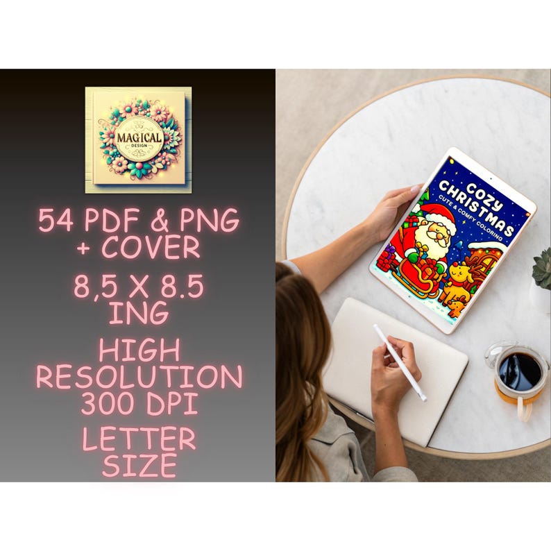 Op de afbeelding: Een digitaal downloadproduct met de tekst "MAGICAL" en "54 PDF & PNG + COVER 8,5 X 8,5 ING HOGE RESOLUTIE 300 DPI LETTER SIZE". De afbeelding toont ook een tablet met een "COZY CHRISTMAS" kleurboek.